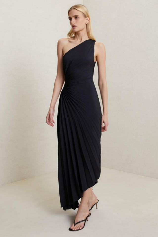 Catalina One Shoulder Pleated Satin Dress
