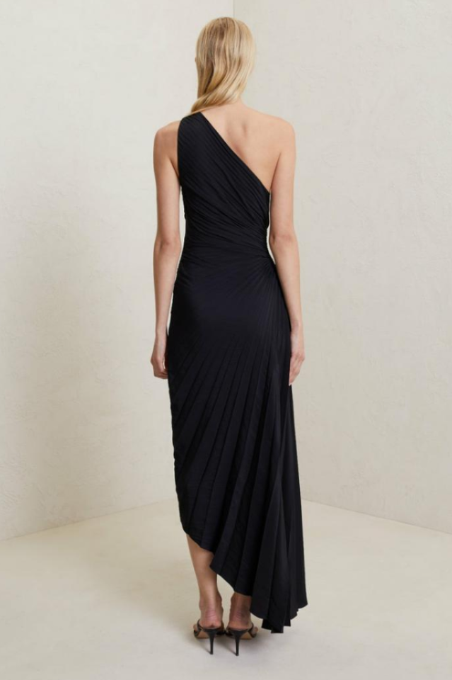 Catalina One Shoulder Pleated Satin Dress