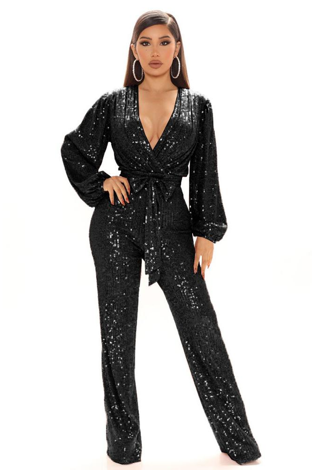 Megan Belted V-Neck Sequins Jumpsuit