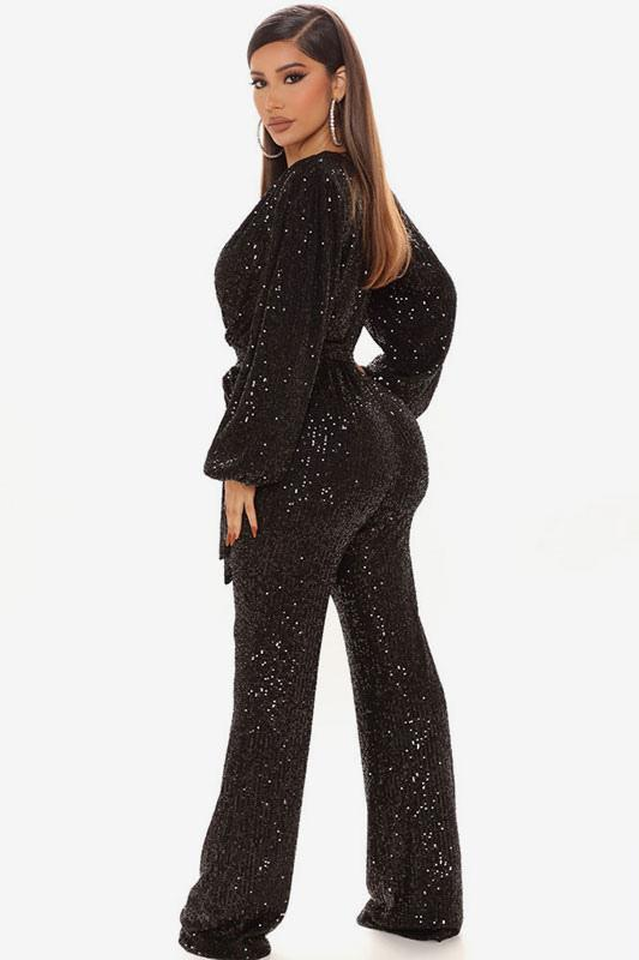 Megan Belted V-Neck Sequins Jumpsuit