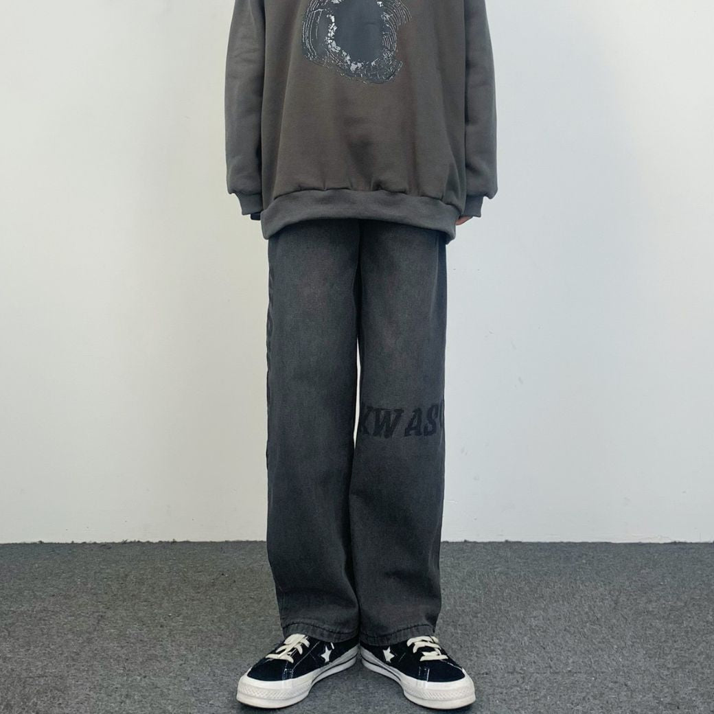 Men Black Hip Hop Letter Print Wide Leg Boyfriend Jeans