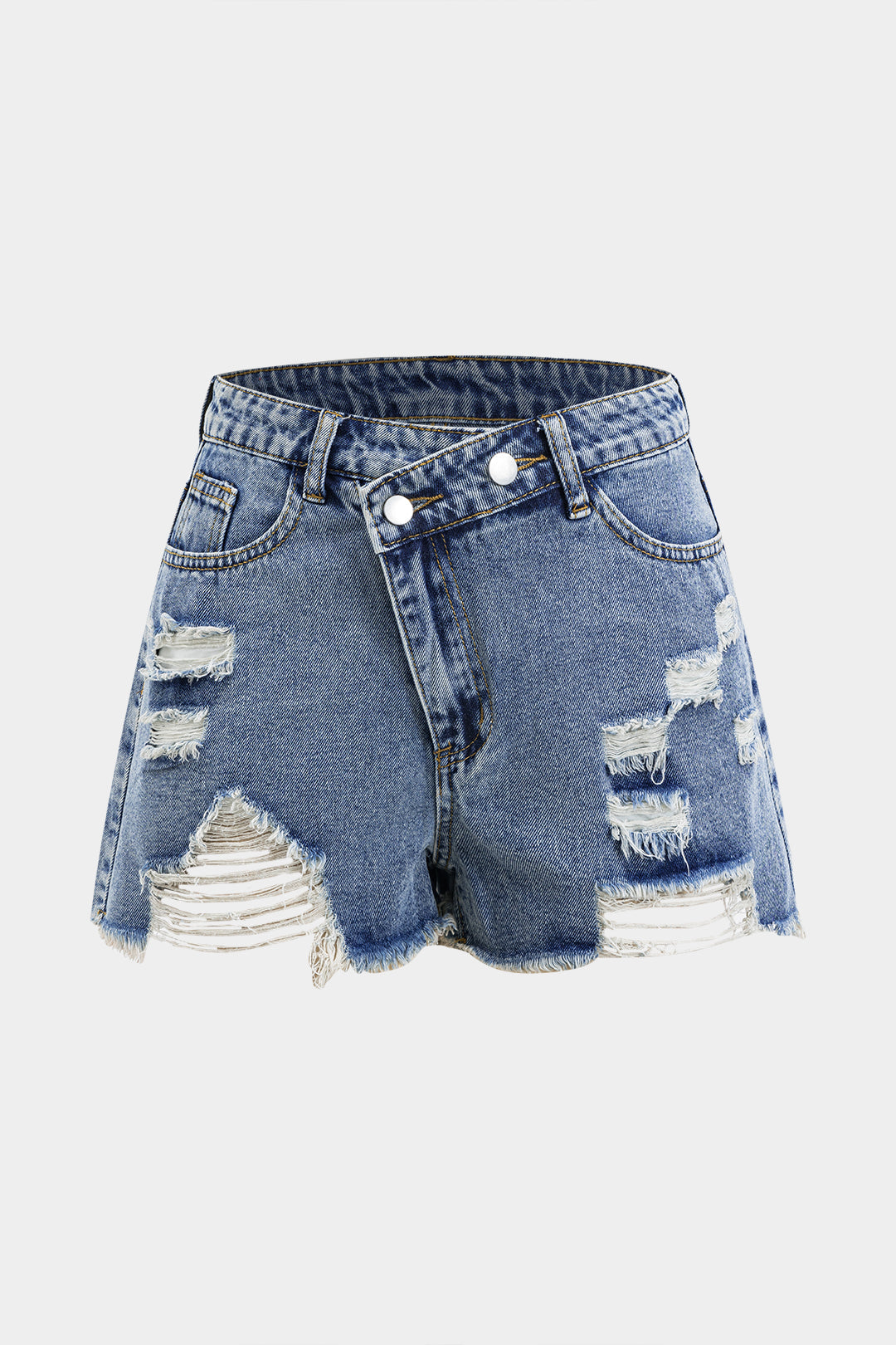 Denim Asymmetry Ripped Button Pocket Shorts
