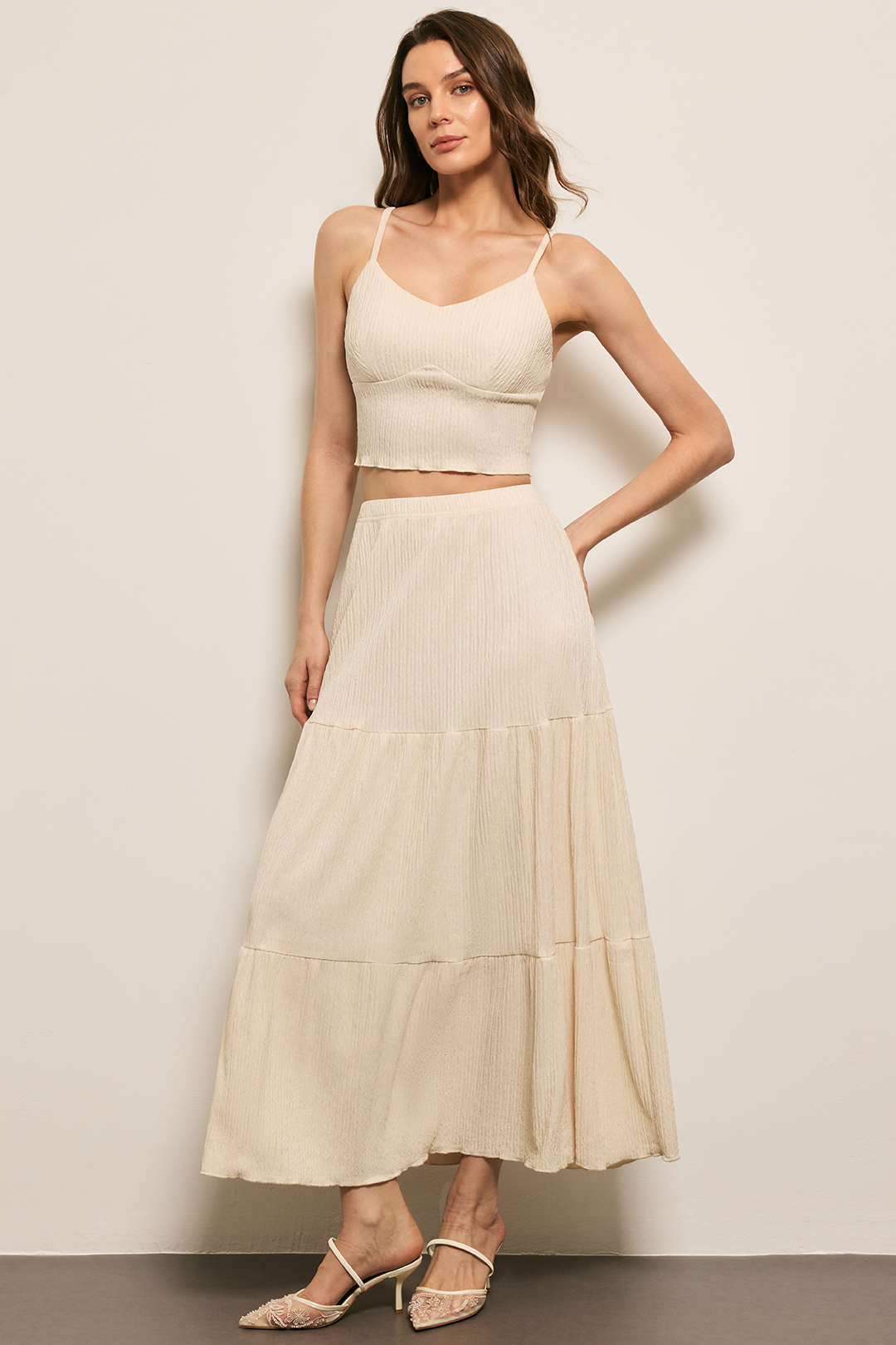 Solid Ruched Cami Top And Pleated Skirt Set