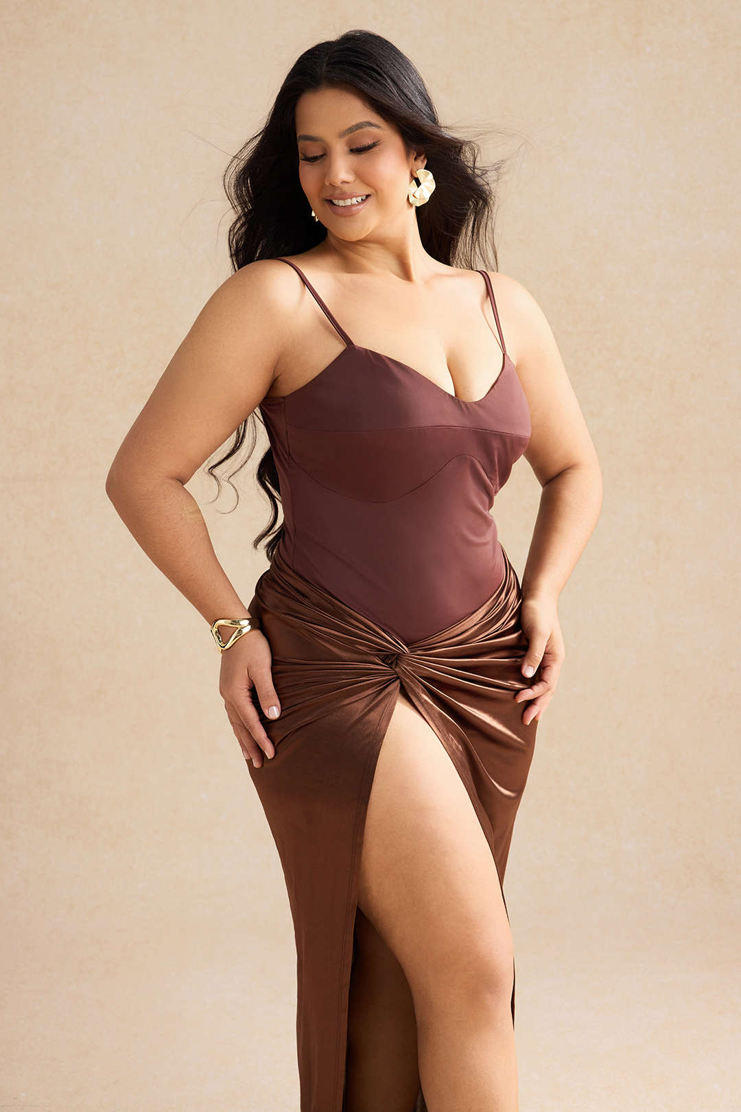 Plus Size Satin Ruched Patchwork Twist Knot Zipper Slit Midi Dress