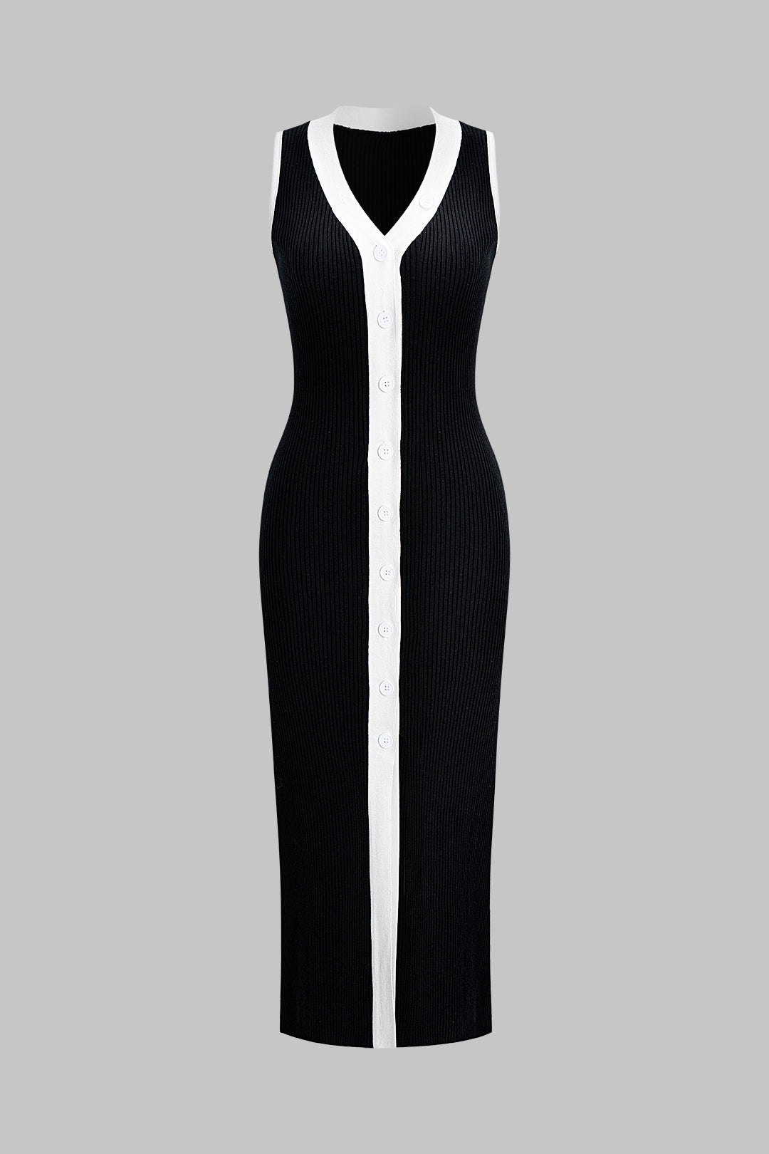 Knit Contrast Button Sleeveless Dress