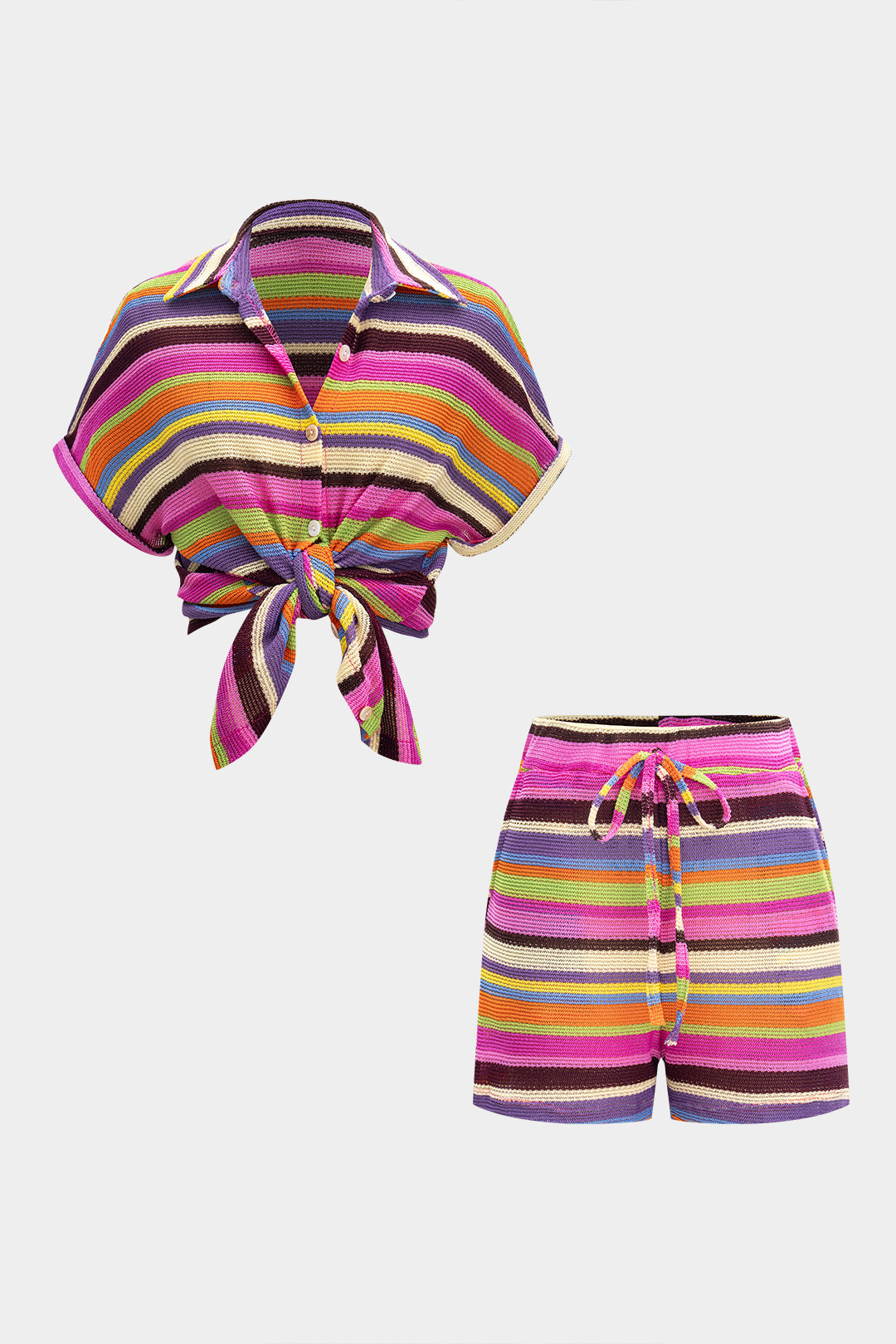 Knit Contrast V-Neck Top And Drawstring Shorts Set