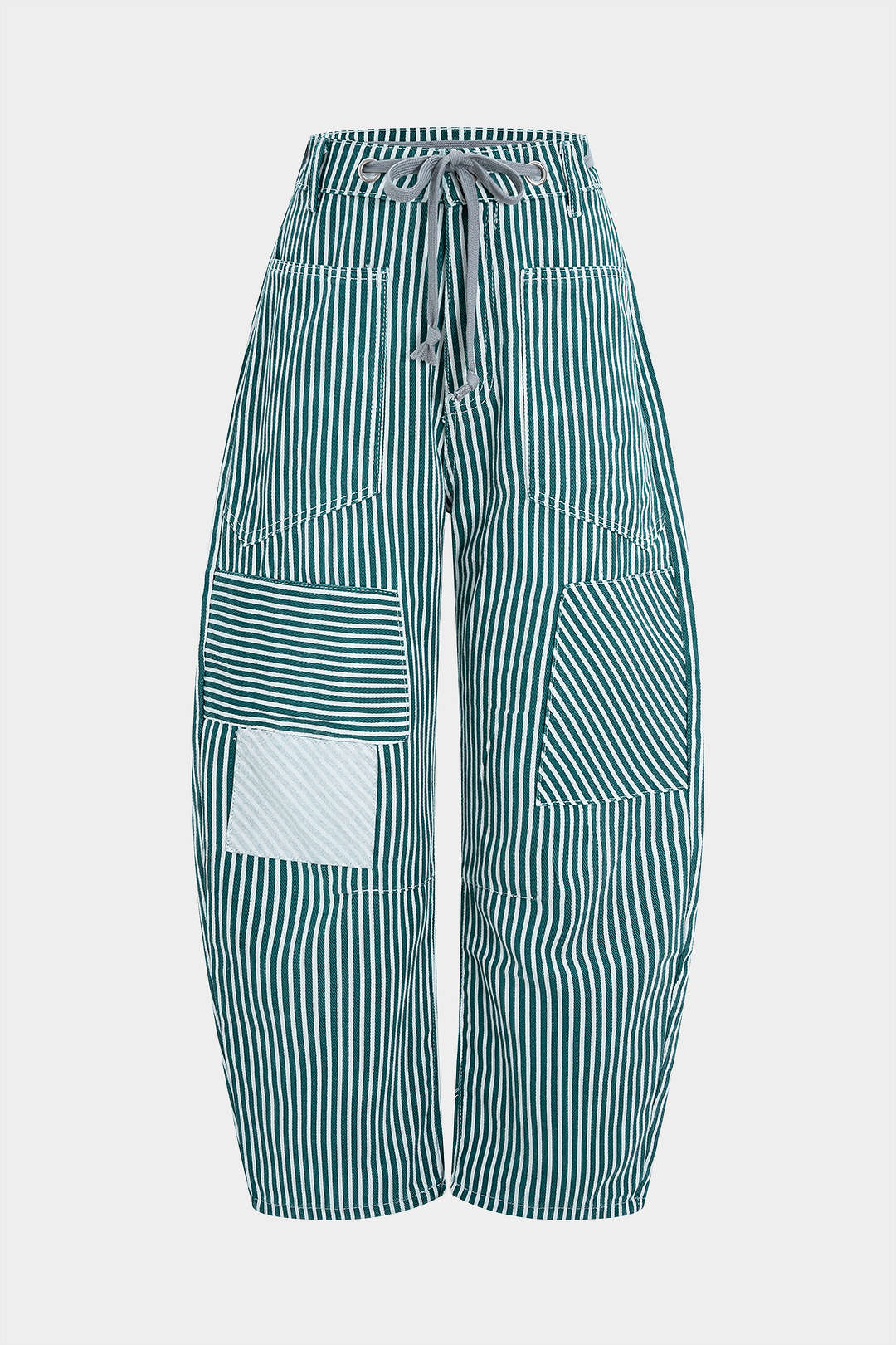 Stripe Print Pocket Drawstring Barrel Trousers