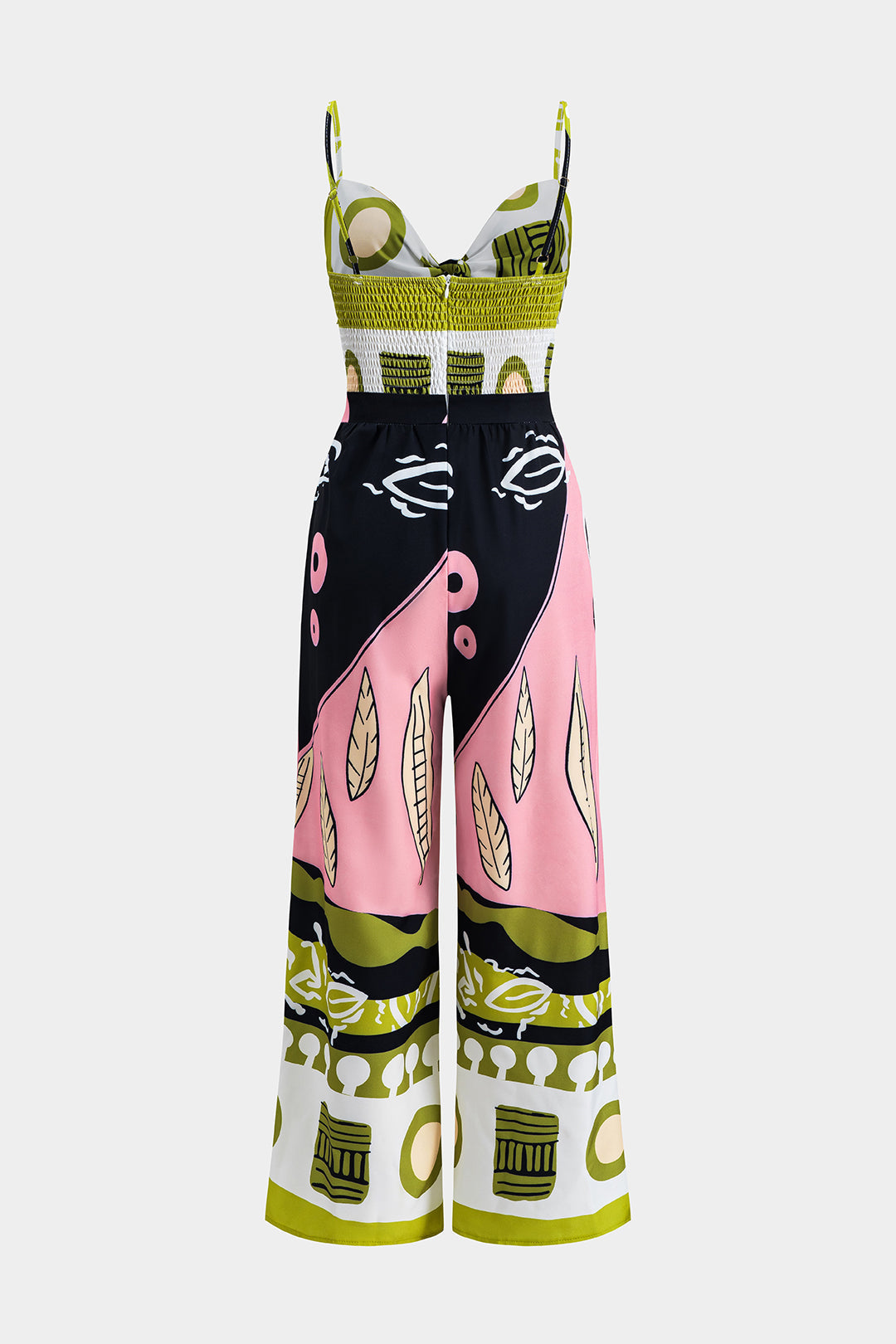 Contrast Print Tie Front Smocked Slip Sleeveless Jumpsuit