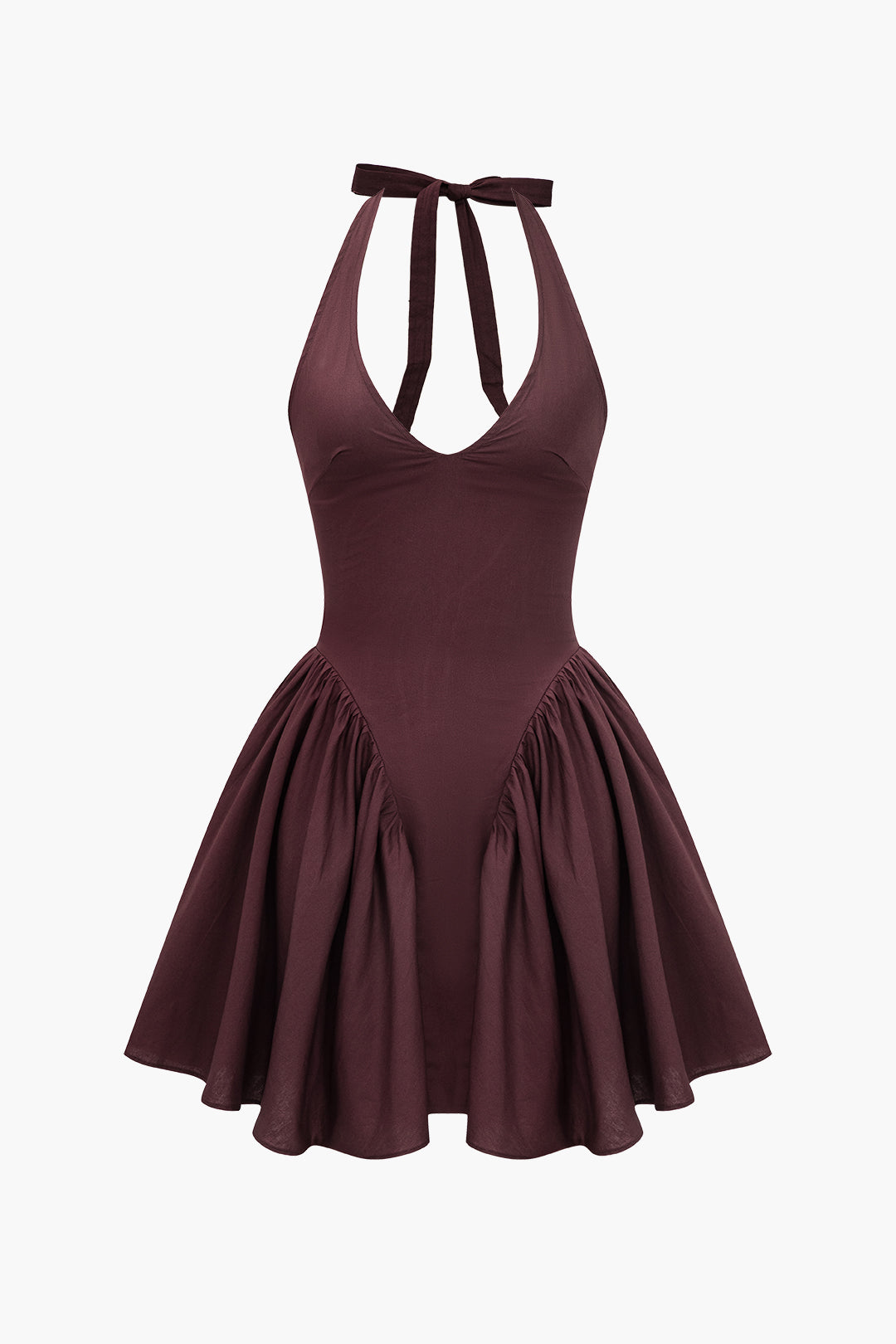 Solid Halter V-neck Ruched Mini Dress