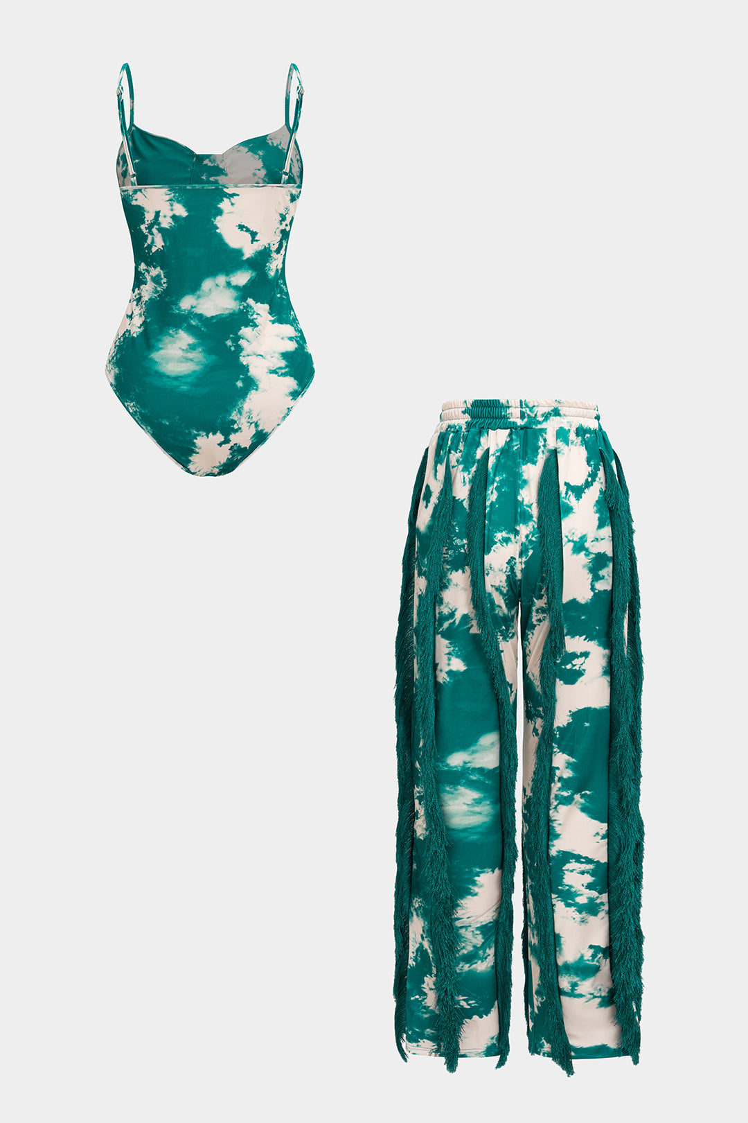 Tie Dye Print Bodysuit And Fringe Tie-Up Trousers Set