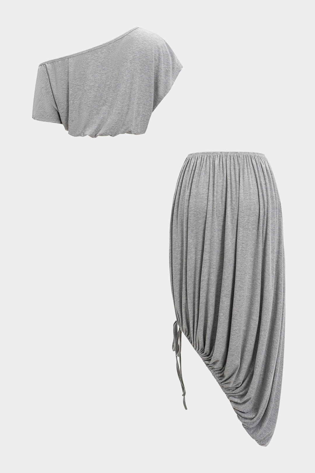 Ruched Asymmetrical Neck Short-Sleeve Top And Pleated Drawstring Skirt Set