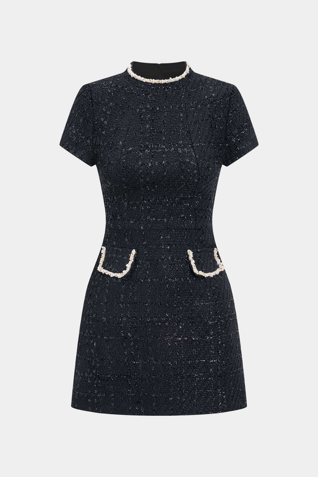 Bead Fake Pocket Zippper Short Sleeve Mini Dress