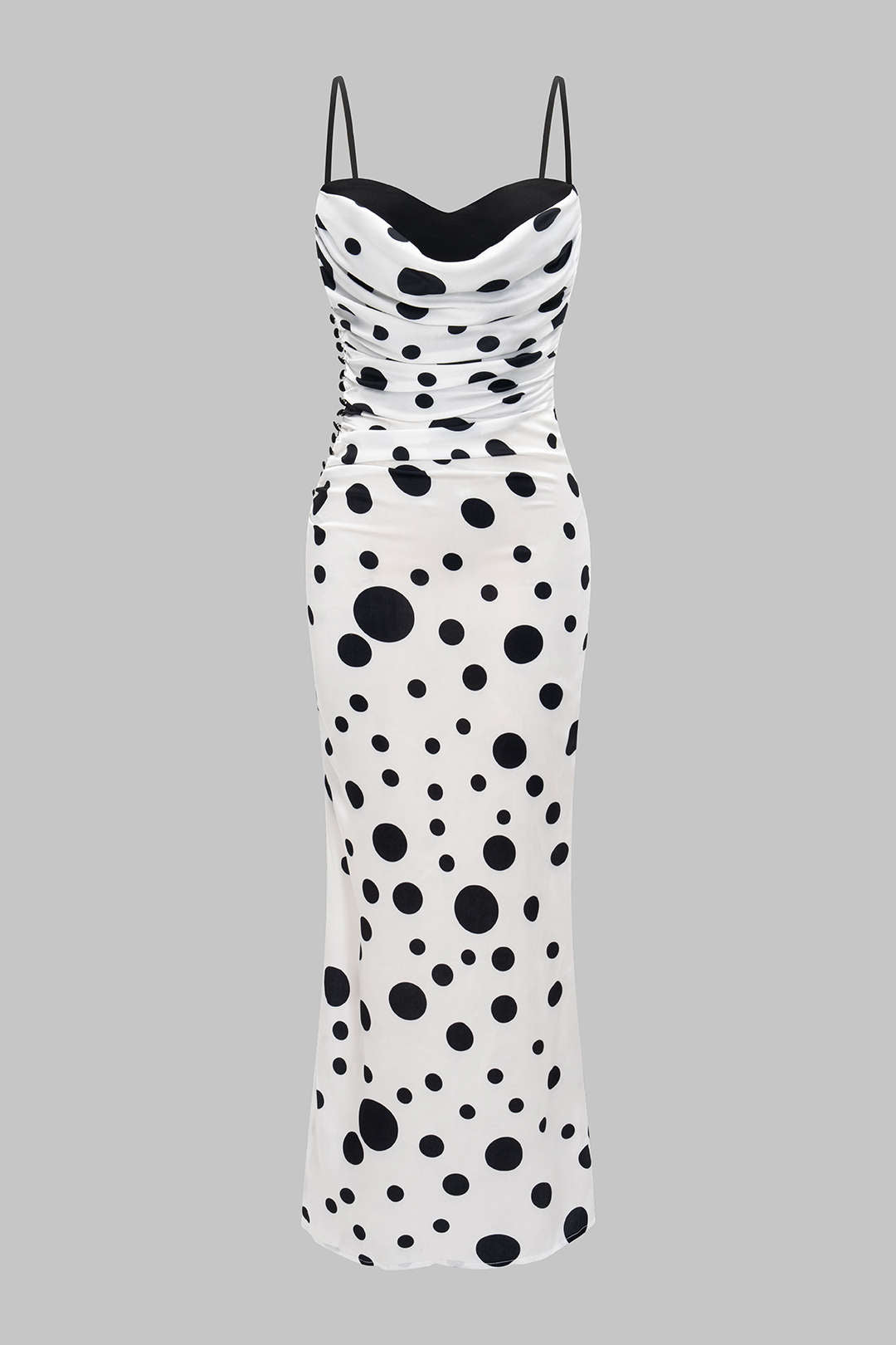 Polka Dots Print Satin Ruched Patchwork Sleeveless Maxi Dress