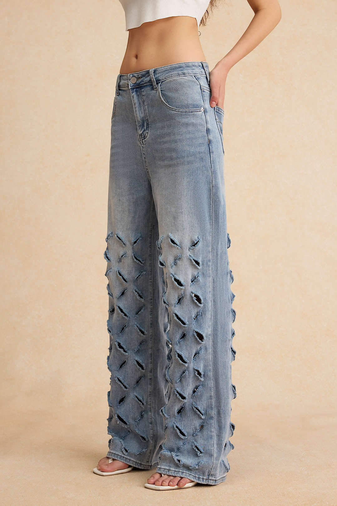 Ripped Cut Out Button Pocket Wide Leg Jeans