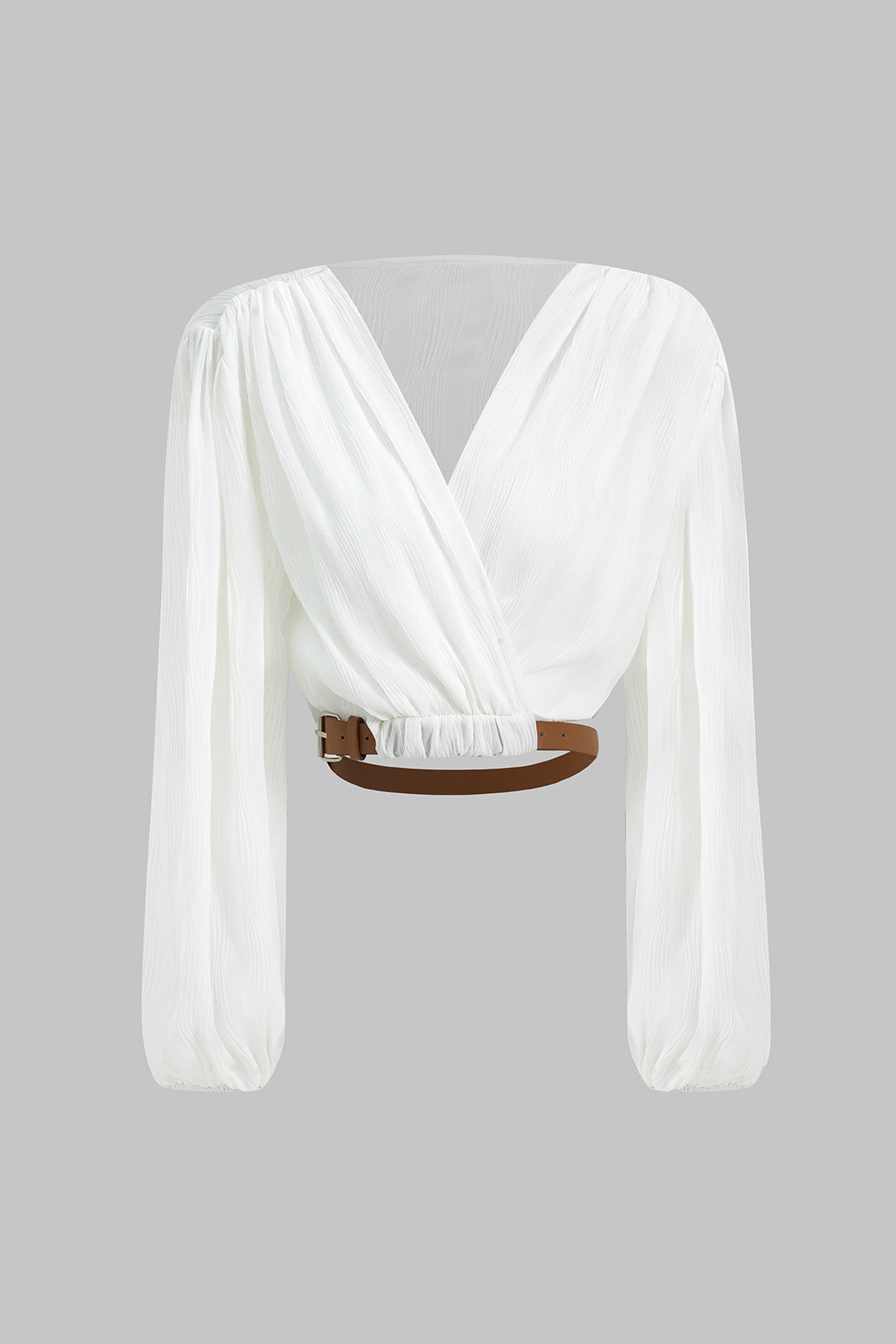 Chiffon V-neck Belted Long-Sleeve Shirt