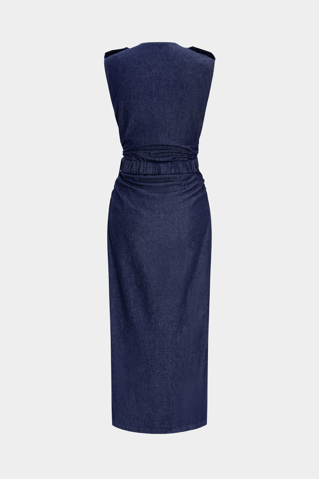 Denim Metallic Button Belted Pleated Short Sleeve Denim Dress