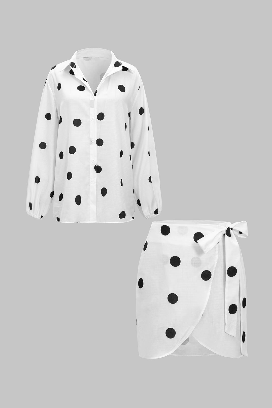 Polka Dots Print Tie-Up Detail Long Sleeve Shirt And Tie Front Mini Skirt Set