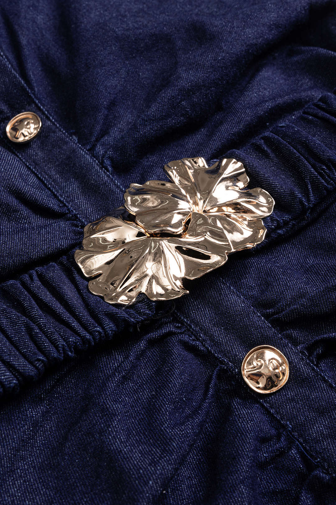 Denim Metallic Button Belted Pleated Short Sleeve Denim Dress