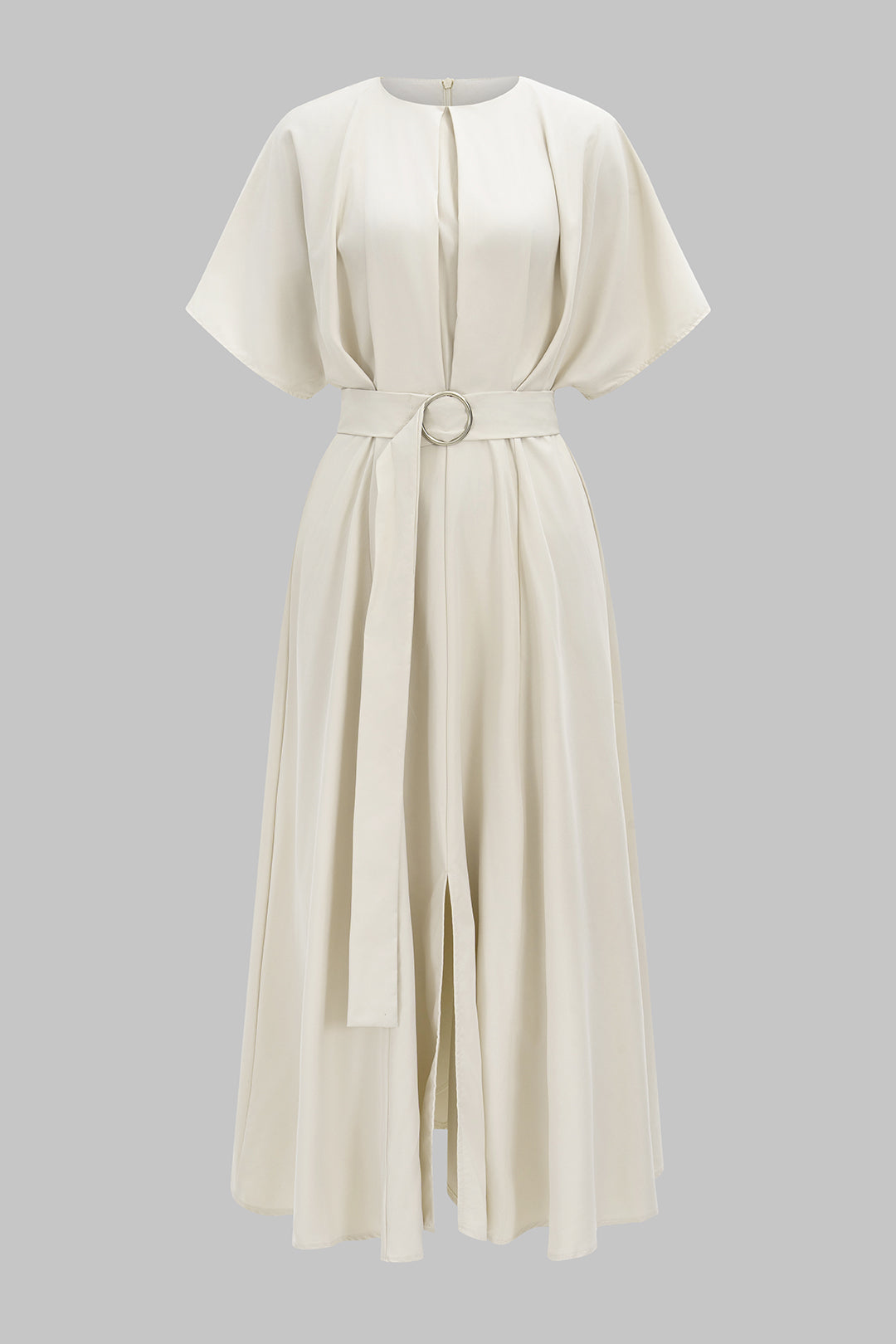 Round Neck Belted Ruched Short Sleeve Maxi Dress