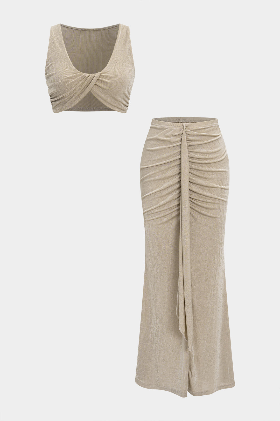 Ruched Twist Knot Tank Top And Pleated Slit Skirt Set