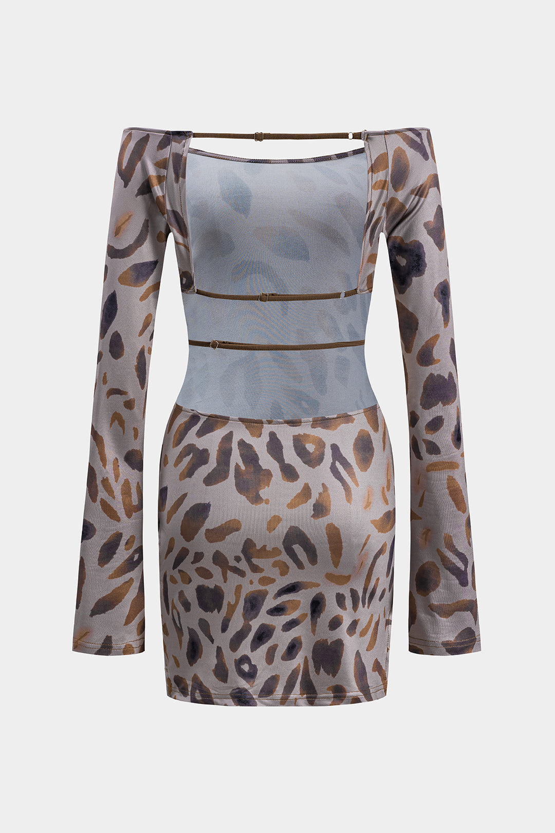 Leopard Print Backless Off Shoulder Long Sleeve Mini Dress