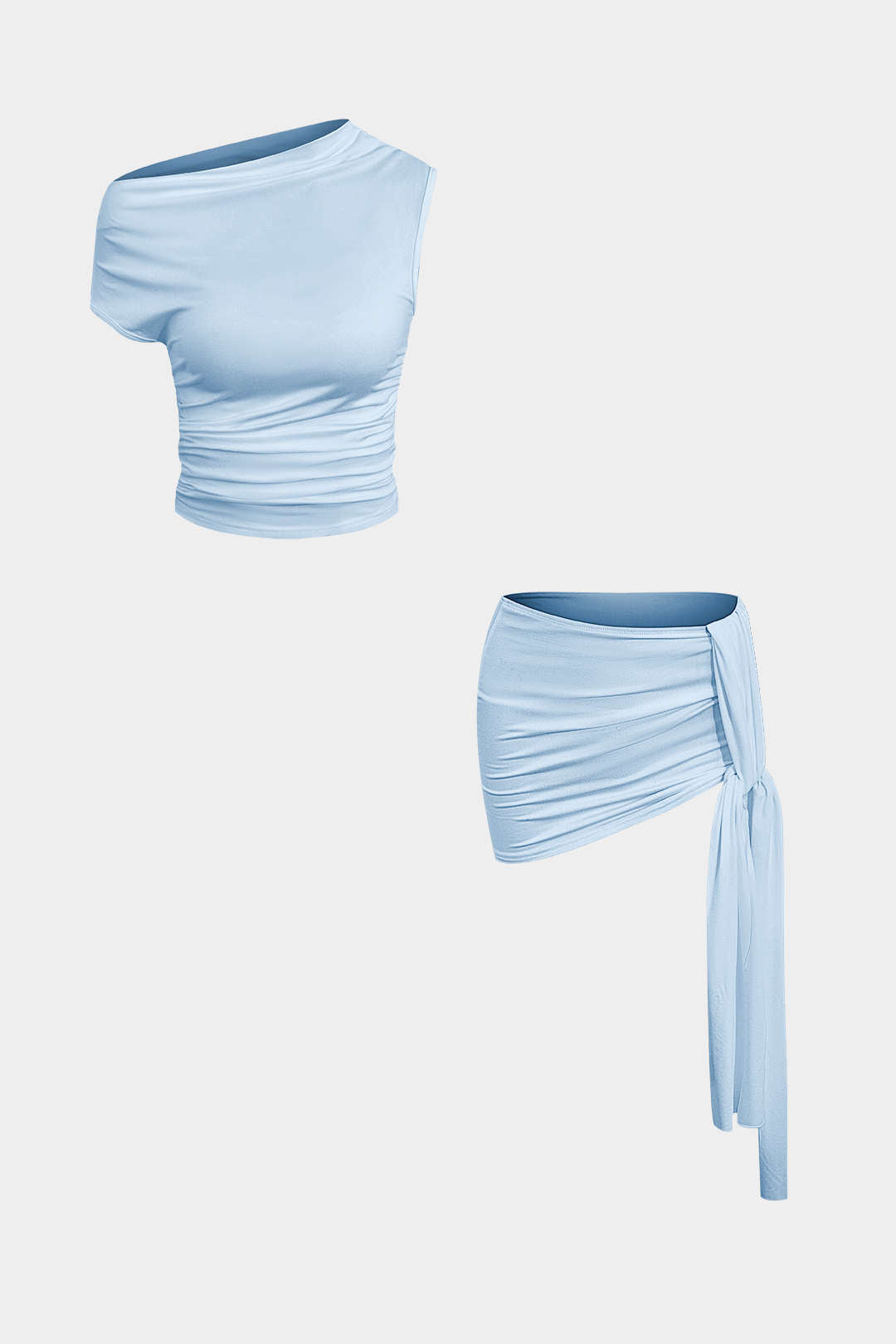 Basic Asymmetrical Ruched Crop Top And Tie Mini Skirt Set