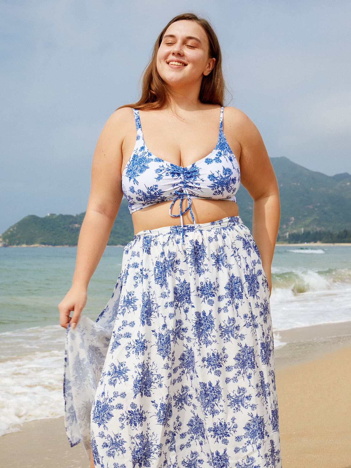 Blue Floral Plus Size Cover-up Skirt
