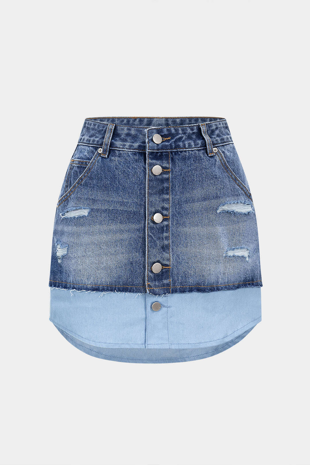 Denim Buttons Washed Ripped Patchwork Skirt