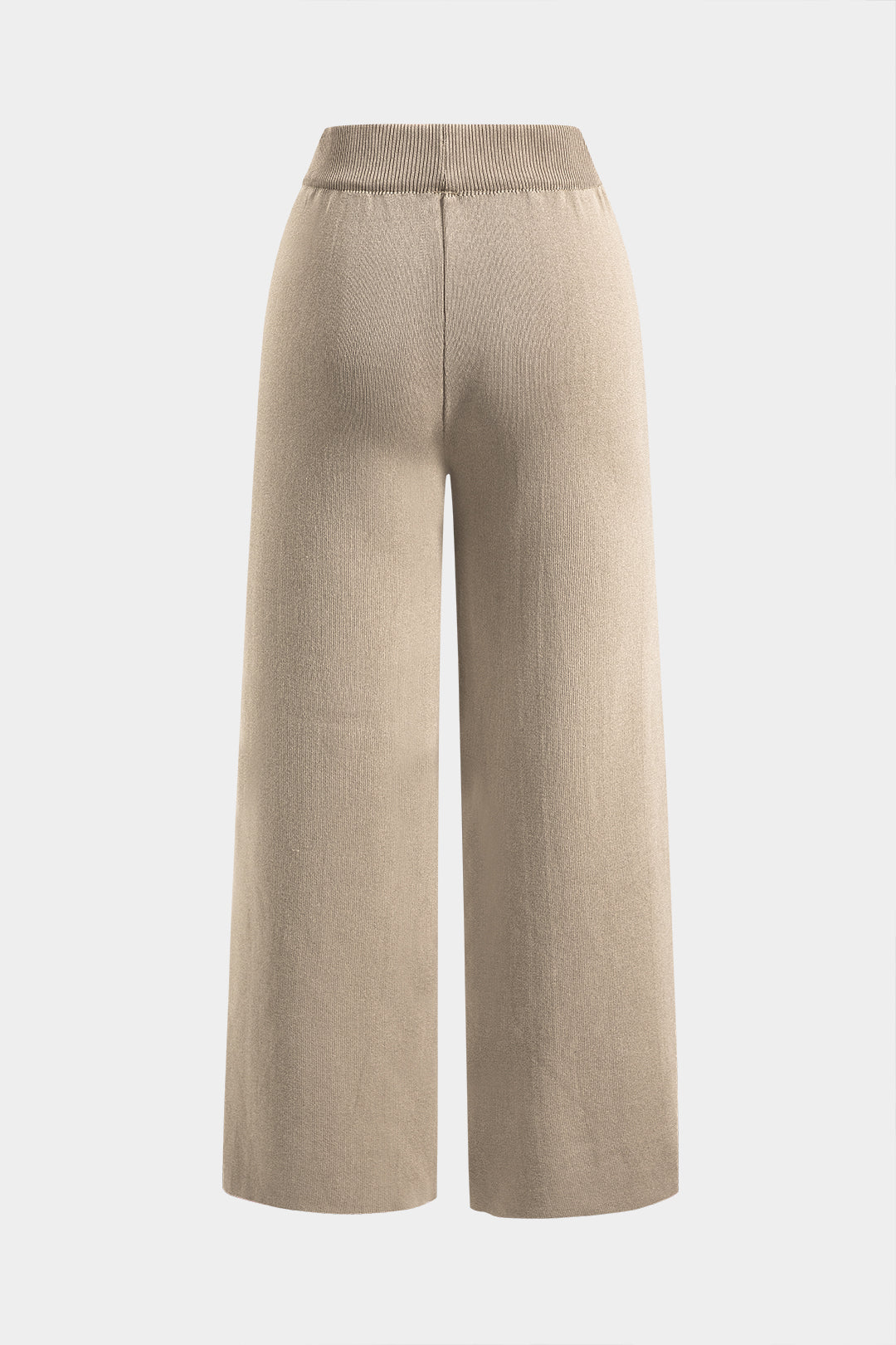Knitted Button Flap Pocket Long Sleeve Top And Pleated Wide Leg Trousers Set