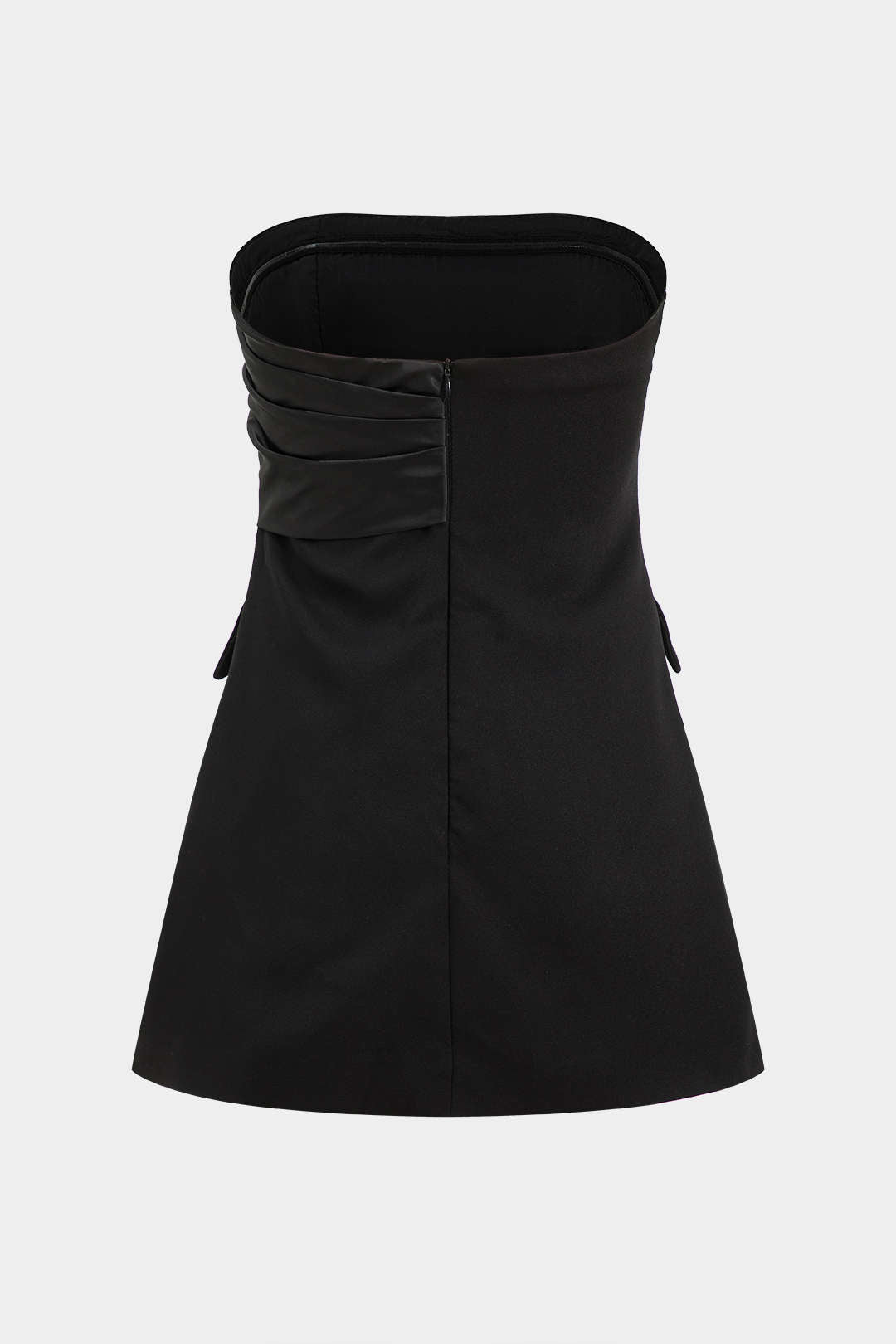 Satin Button Flap Pocket Strapless Mini Dress