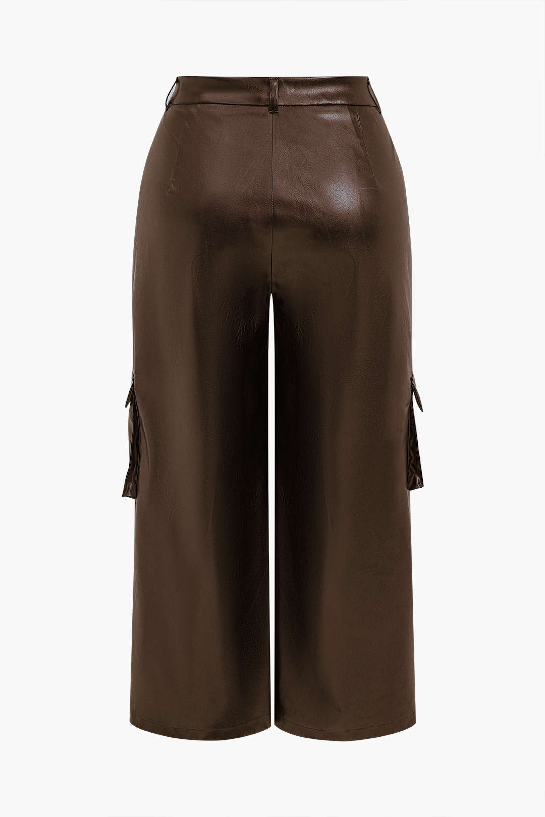 Plus Size Solid Faux Leather Wide Leg Pants Pocket Trousers