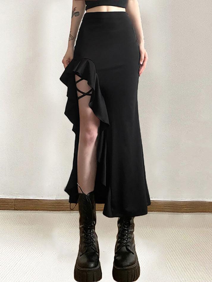 Black Punk High Waist Irregular Split Goth Skirt