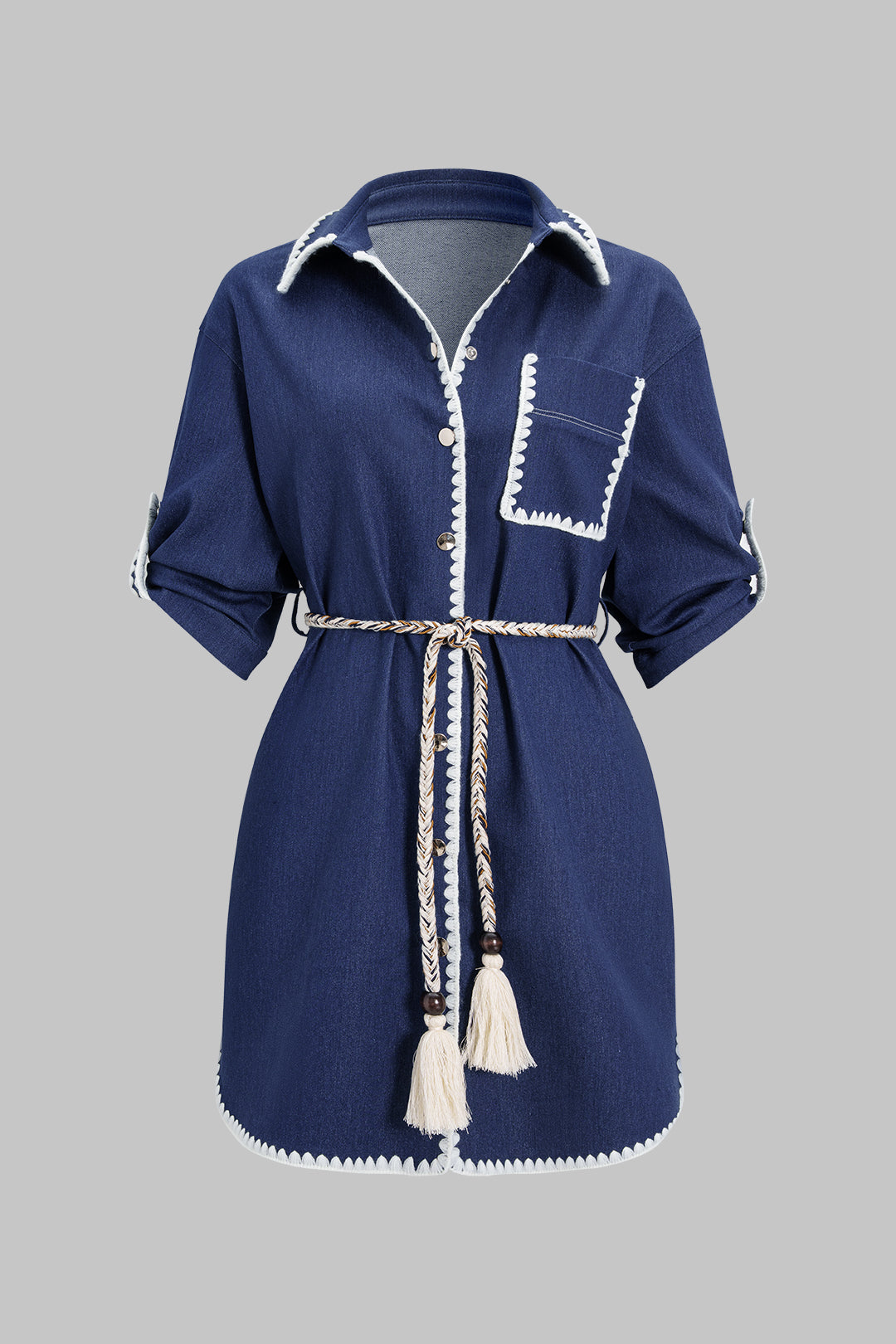 Denim Contrast Asymmetrical Pocket Belted Short Sleeve Mini Dress
