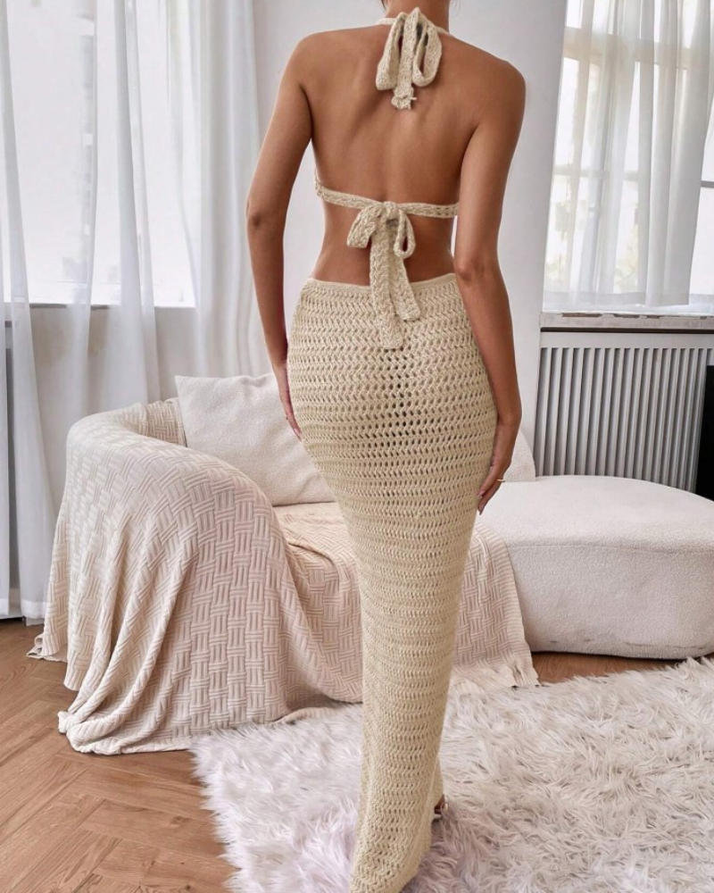 Apricot Knitted Hollow Sling Dress