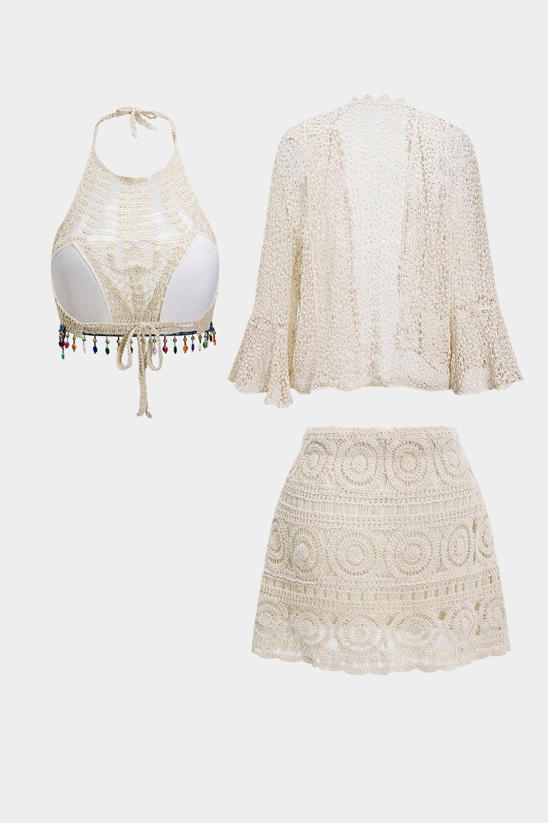 Knit Hollow Out Tank Top And Cardigan And Skirt Set
