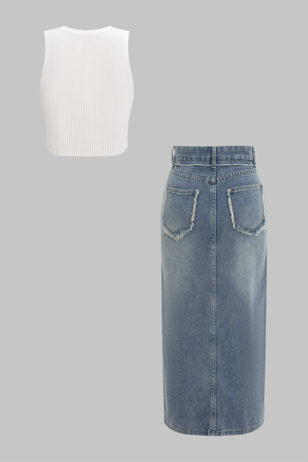 Denim Metallic Decor Tank Top And Asymmetrical Frayed Slit Skirt Set