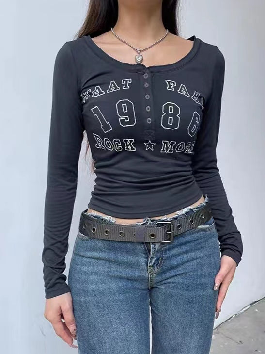 Navy Blue Vintage Long Sleeve Top with Letter Logo