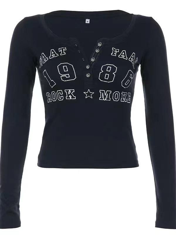Navy Blue Vintage Long Sleeve Top with Letter Logo