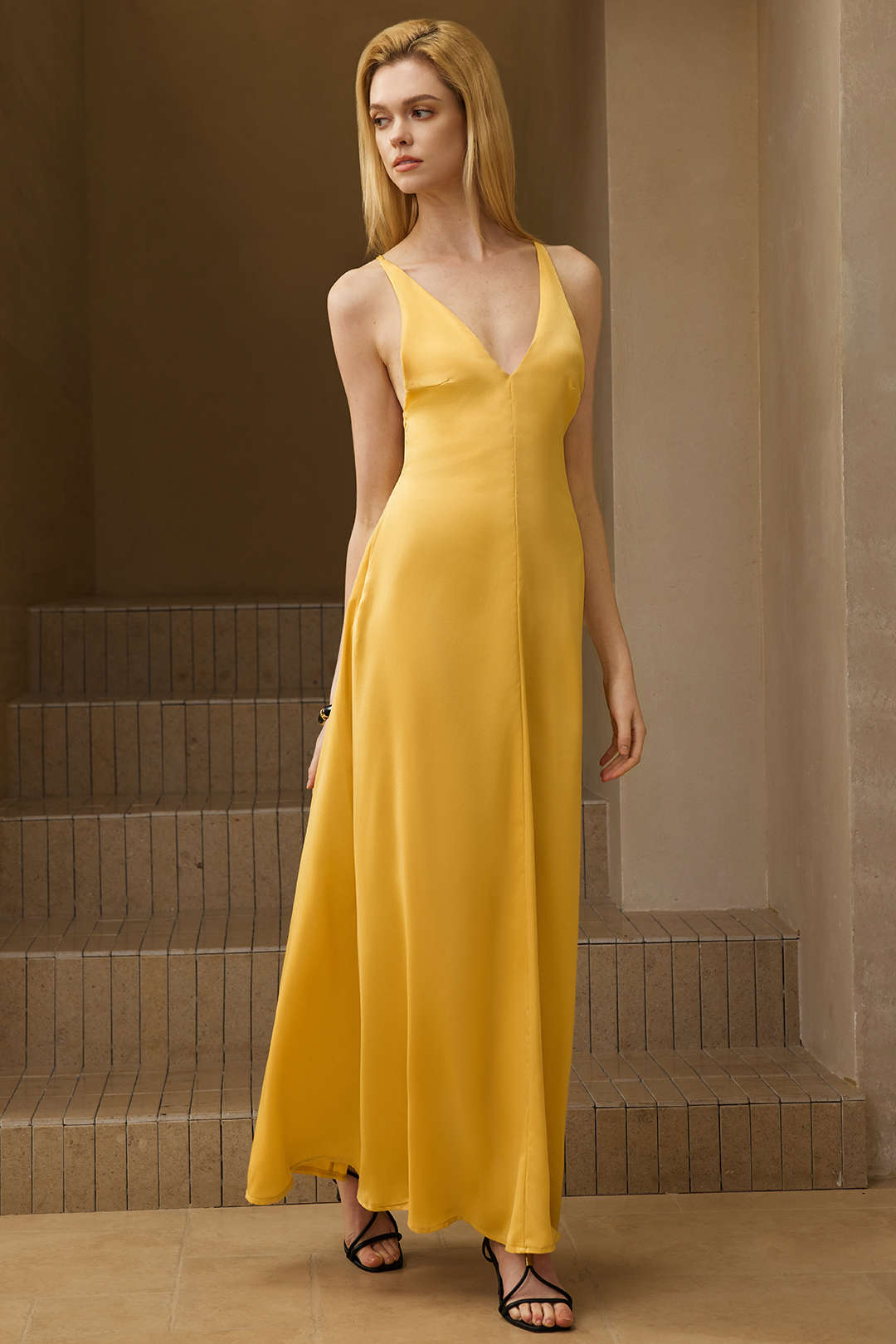 Satin Backless V-Neck Beaded Sleeveless Maxi Dress