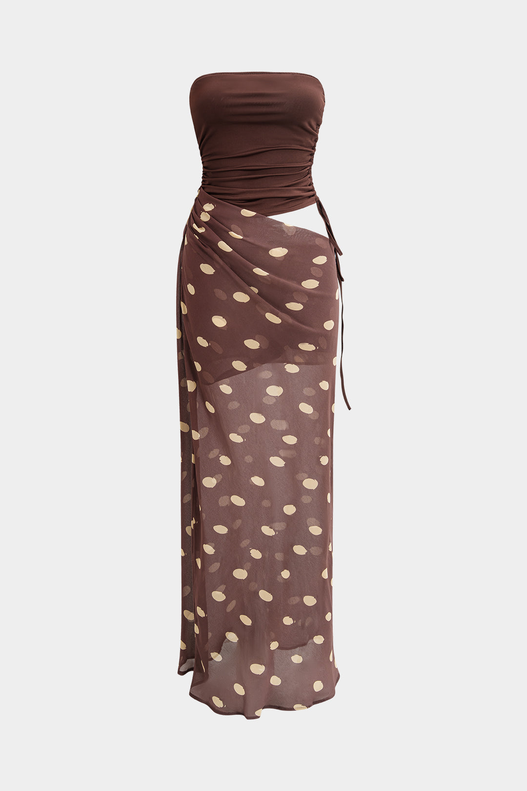 Polka Dots Print Chiffon Strapless Patchwork Ruched Drawstring Sleeveless Maxi Dress