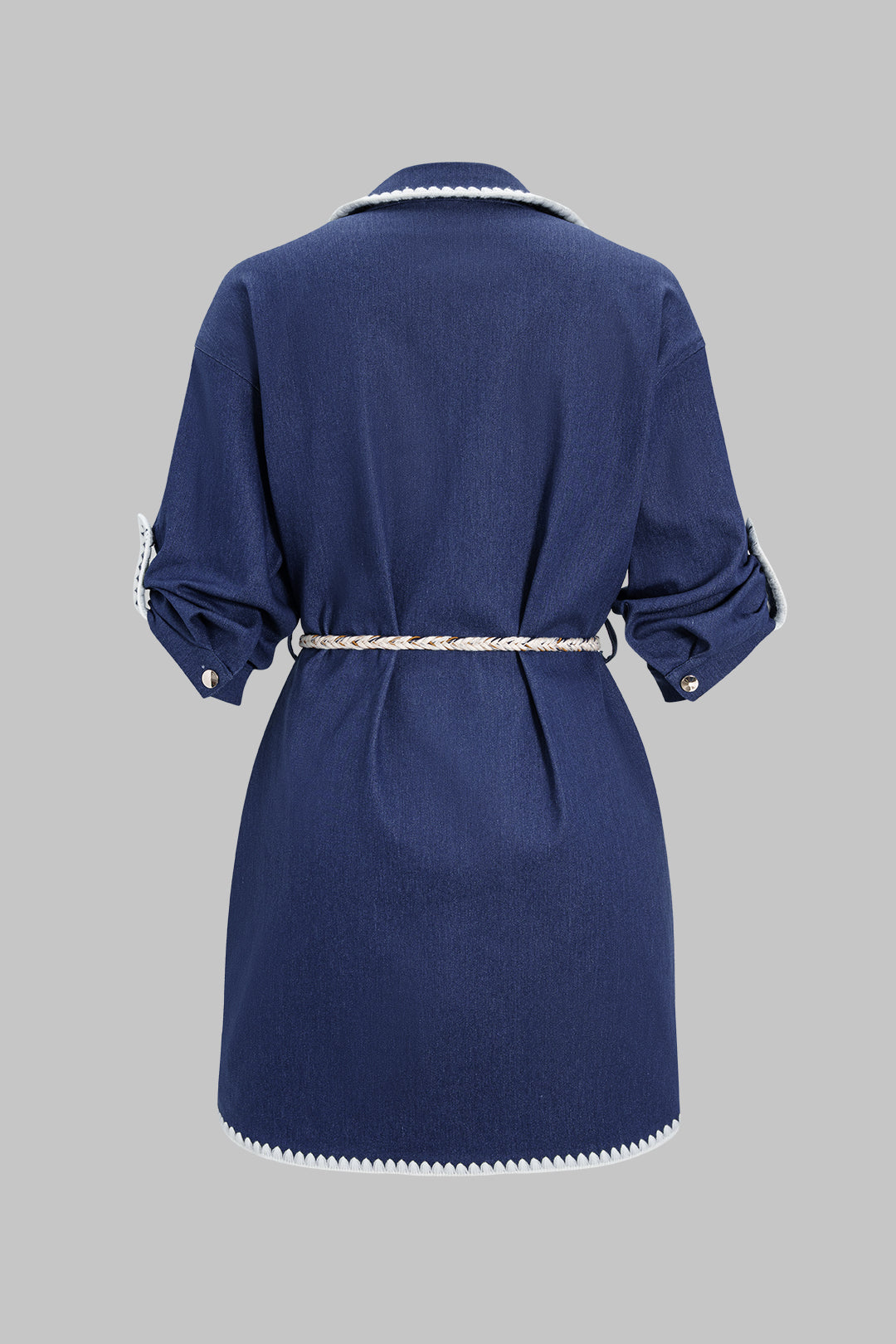 Denim Contrast Asymmetrical Pocket Belted Short Sleeve Mini Dress