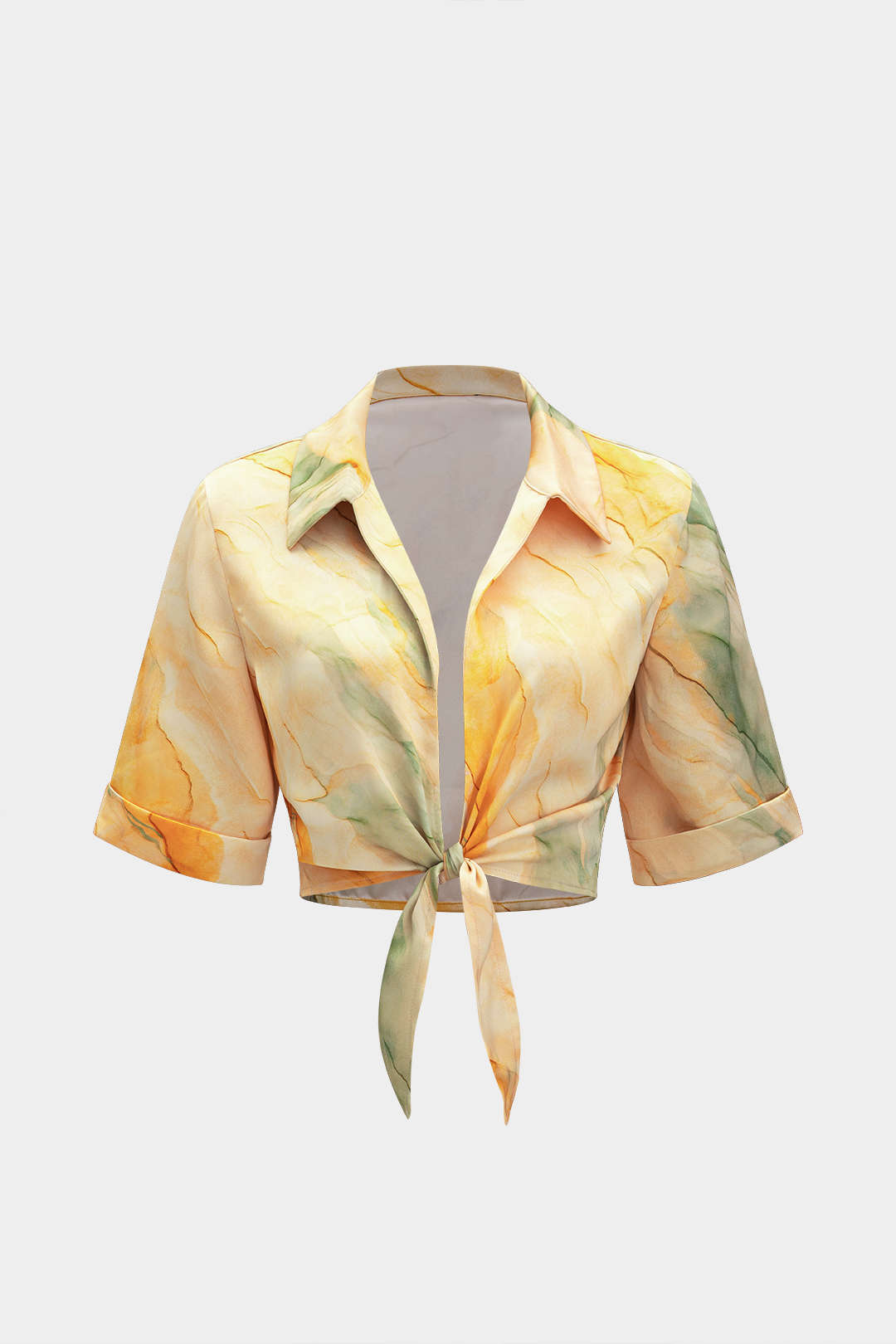Tie Dye Print Satin Knotted Short-Sleeve Shirt