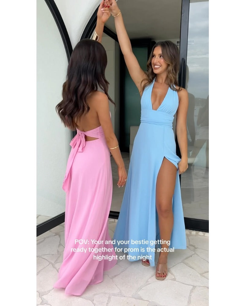 solid color deep V backless dress