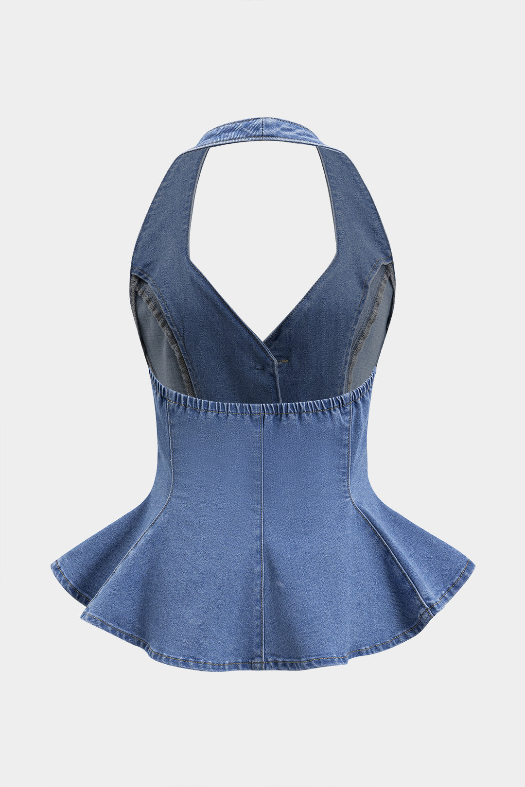 Denim Ruched Button Backless Crop Top