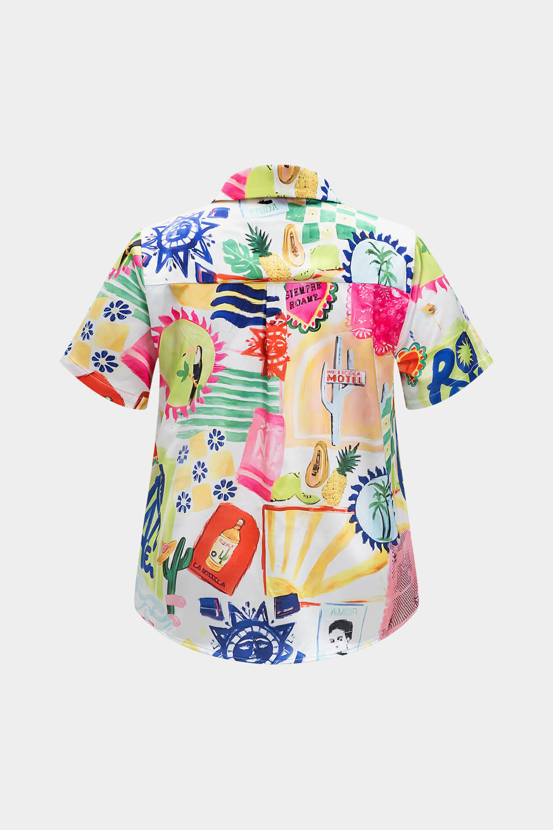 Plus Size Satin Pop Art Pattern V-Neck Short-Sleeve Shirt