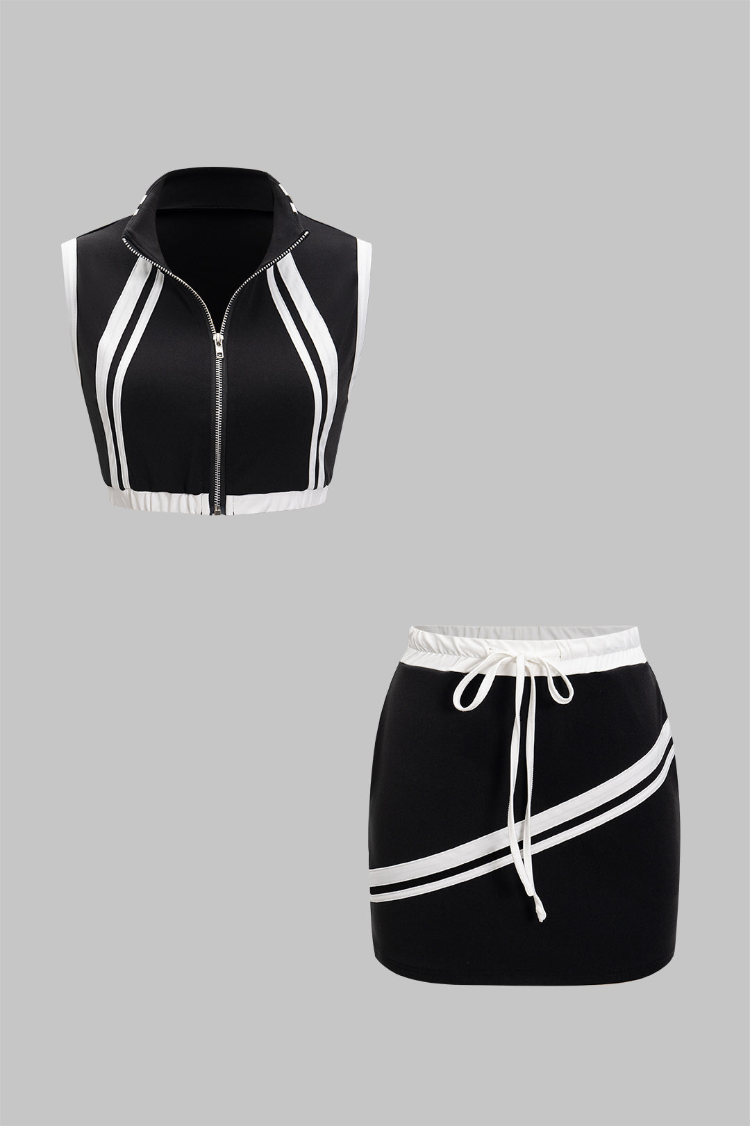 Contrast Zipper Tank Top And Tie-Up Skirt Set