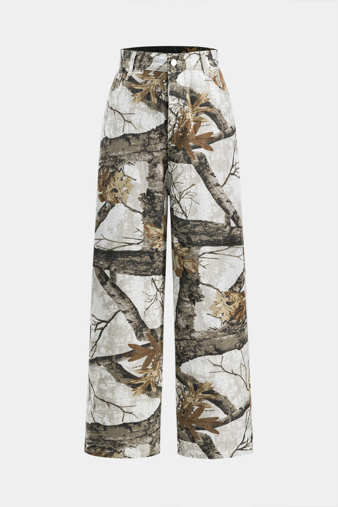 Branch Print Denim Button Pocket Wide Leg Trousers