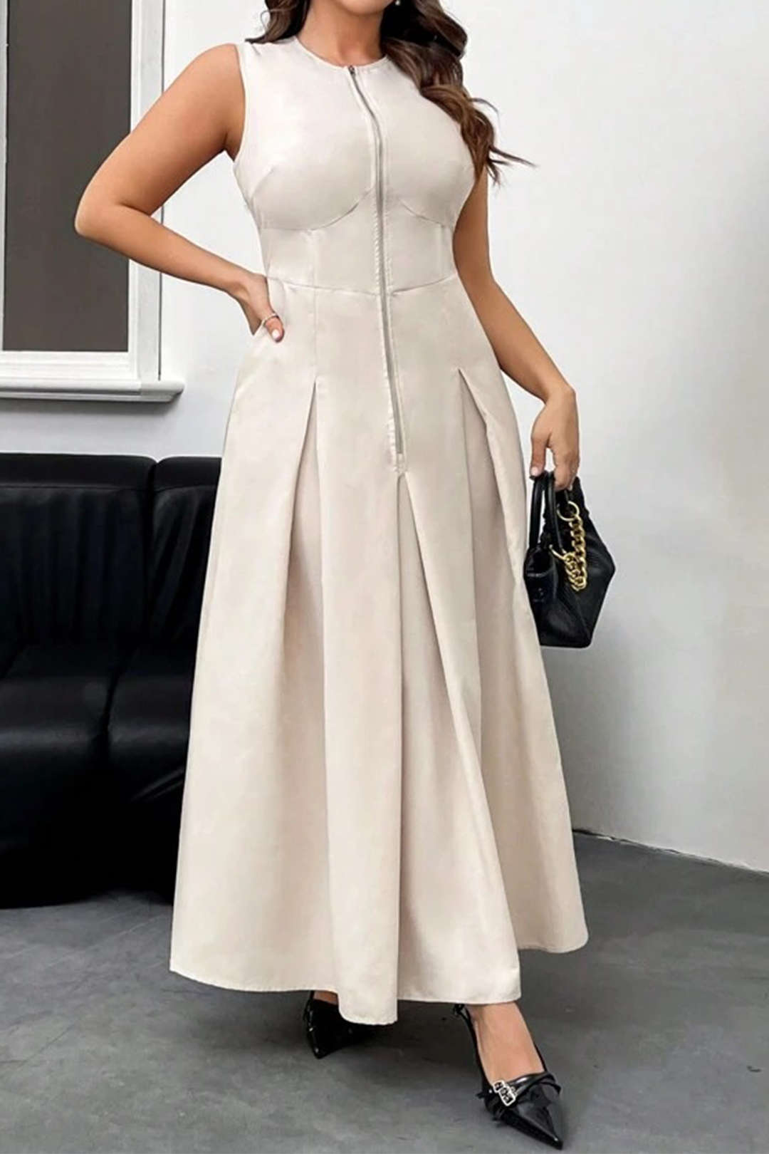 Solid Ruched Zipper Sleeveless Maxi Dress