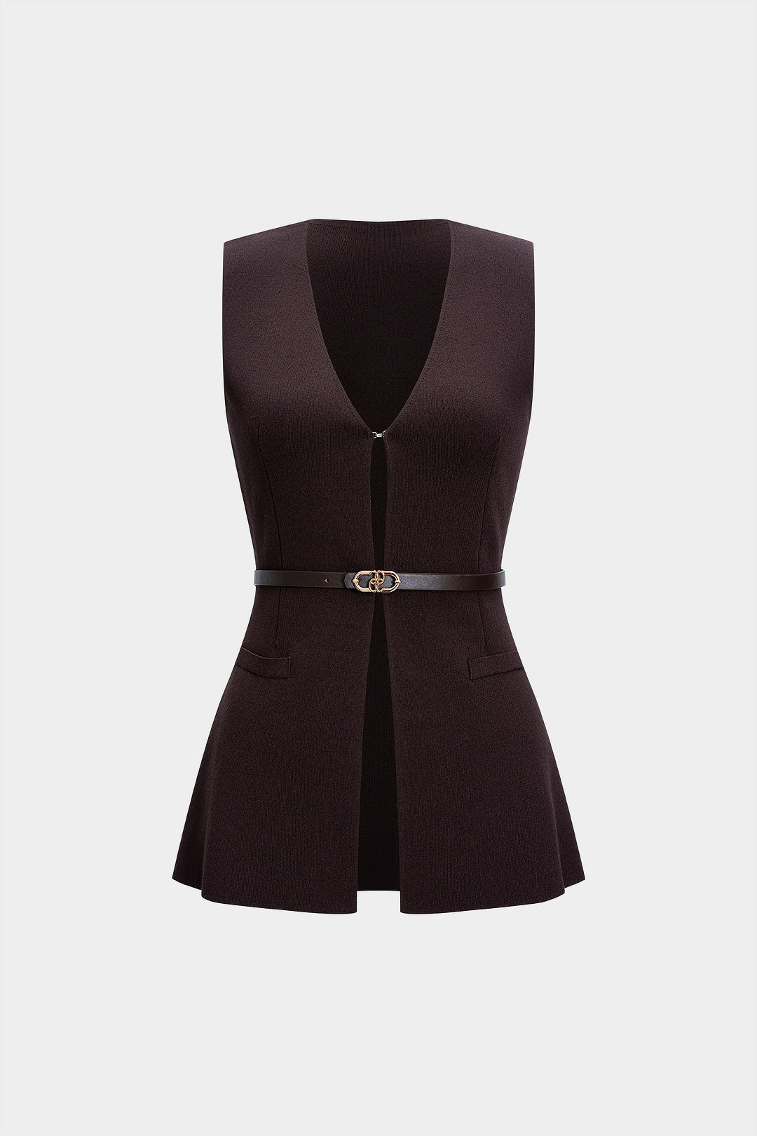 Knit Belted Fake Pockets Tank Top