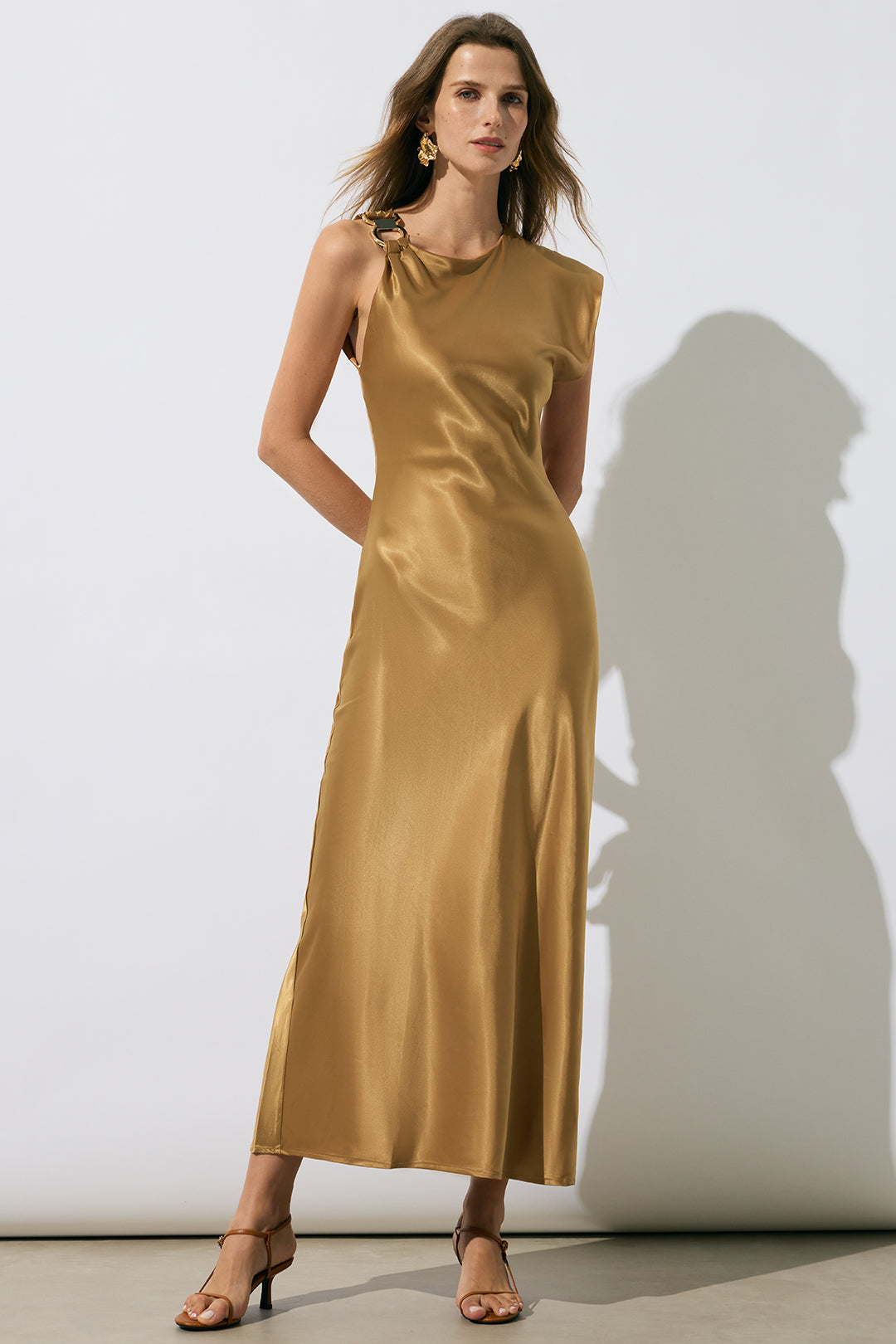 Satin Asymmetrical Metallic Decor Slit Sleeveless Midi Dress